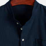 Chemise en Coton pour Homme de Couleur Unie avec Col Montant et Demi-Bouton, avec Poche Frontale