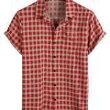 Chemise en Coton à Carreaux Rouges pour Homme avec Boutons et Poche à Manches Courtes