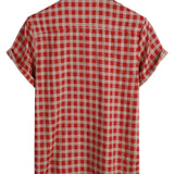 Chemise en Coton à Carreaux Rouges pour Homme avec Boutons et Poche à Manches Courtes