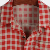 Chemise en Coton à Carreaux Rouges pour Homme avec Boutons et Poche à Manches Courtes
