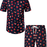 Ensemble de Chemise Hawaïenne en Coton et Shorts avec Imprimé de Fraises pour Homme